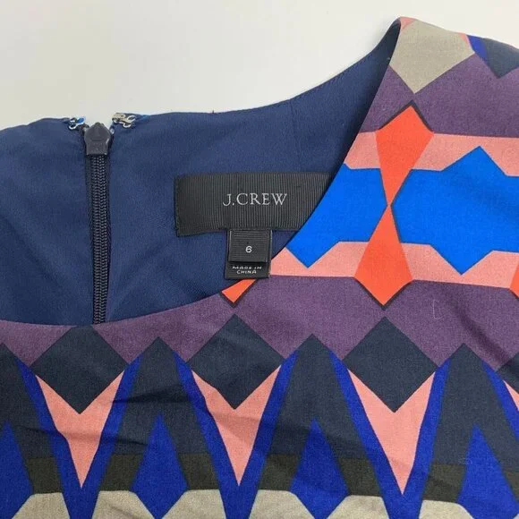 J. Crew Womens Shift Dress Geometric Multicolor Size 6 Short Sleeve Zip Silk - Picture 7 of 11